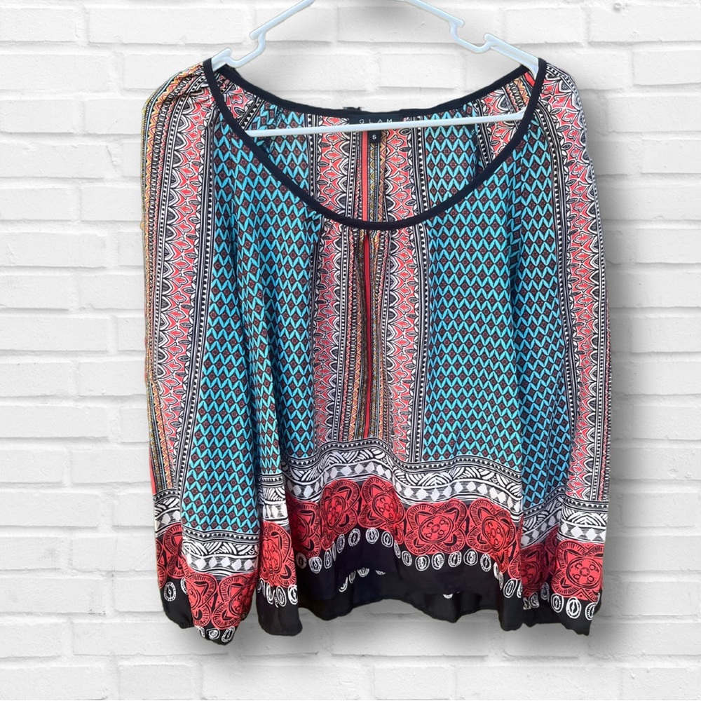 Glam Silky Oversized Blouse Bohemian Aztec Print Colorful Scoop Neck Sz Small